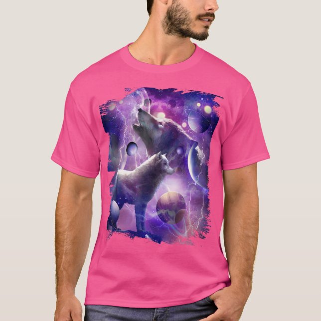 Cosmic Wolf Howling At Moon In Space T-Shirt (Front)