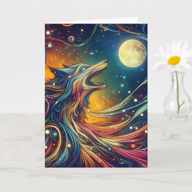 Cosmic Wolf Howling at the Moon All Occasion Card (Small Plant)