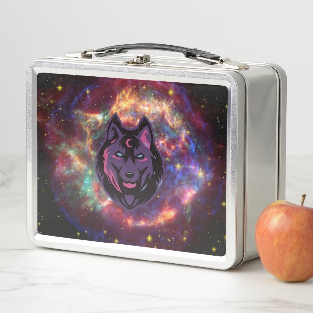 Cosmic Wolf, Purple Graphic Art, Galaxy Background Metal Lunch Box (In Situ)