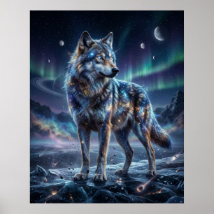 Cosmic Wolf Under Aurora Sky Poster