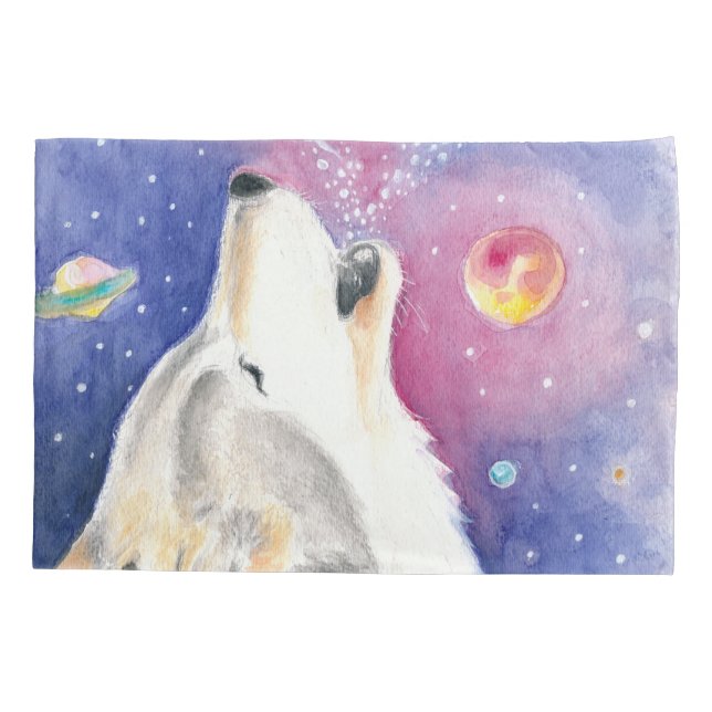 Cosmic Wolf Watercolor Art Pillowcase (Back)
