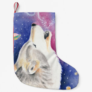 Cosmic Wolf Watercolor Art Small Christmas Stocking