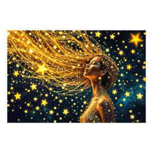 Cosmic woman with glowing starry golden hair photo print