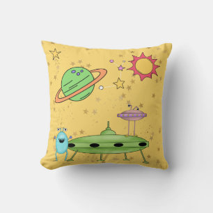 Cosmic World Aliens and UFO Yellow Cushion