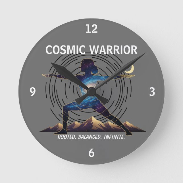 Cosmic Yoga Warrior - Galaxy Body Pose Round Clock (Front)