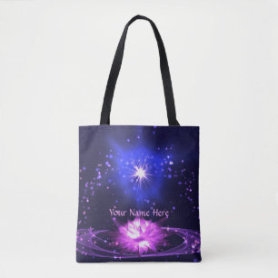 Cosmic Zen Purple Crystal Lotus Flower Stars Tote Bag