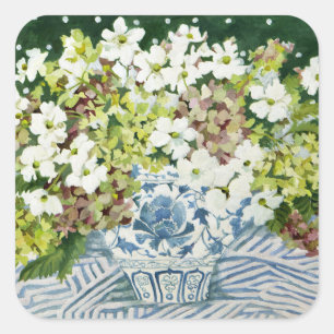 Cosmos and hydrangeas in a chinese vase 2013 square sticker