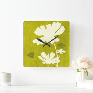 Cosmos Floral Silhouette Lime Green Summer Home  Square Wall Clock