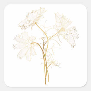 Cosmos flower drawings. Golden with line. Square Sticker