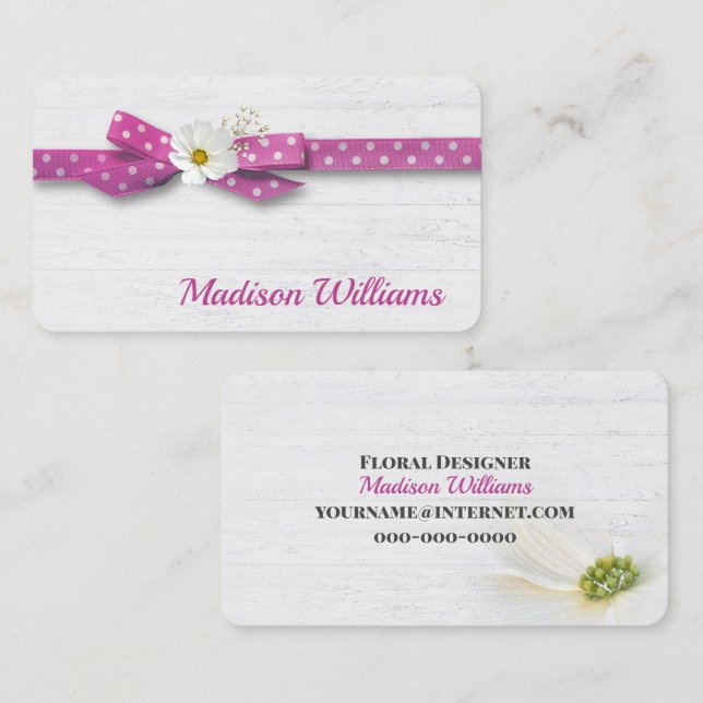 Cosmos Flower in Polka Dot Ribbon Business Card (Front/Back)