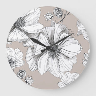 Cosmos Flowers: Botanical Drawing Pattern. Large Clock
