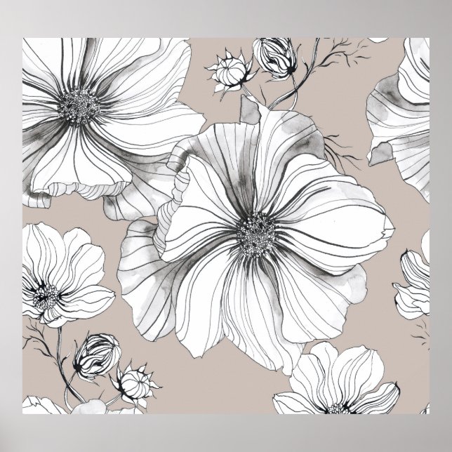 Cosmos Flowers: Botanical Drawing Pattern. Poster (Front)