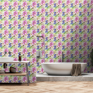 Cosmos Flowers Pink and Blue on White Wallpaper