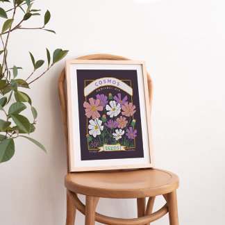Cosmos Flowers Seed Packet Poster (Deep Purple)
