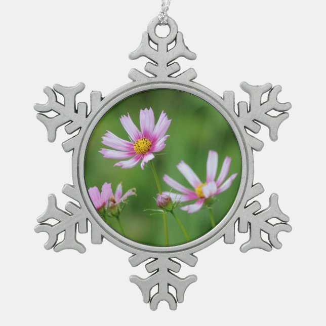 Cosmos Flowers Snowflake Pewter Christmas Ornament (Front)