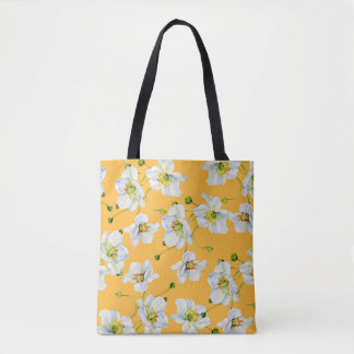 Cosmos flowers watercolor illustration pattern tote bag