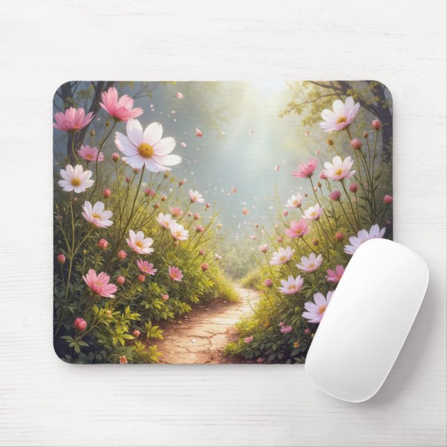 Cosmos Garden With a Sunny Dirt Path Mouse Mat (With Mouse)
