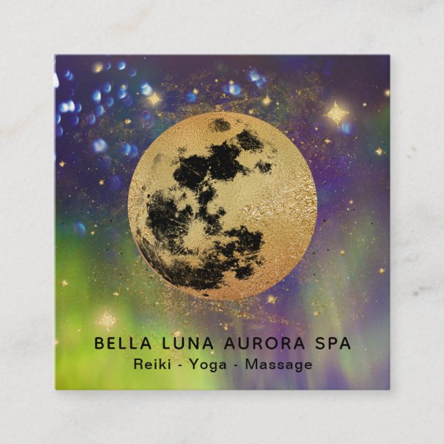 *~* Cosmos Gold Moon Aurora Borealis Glitter Stars Square Business Card (Front)