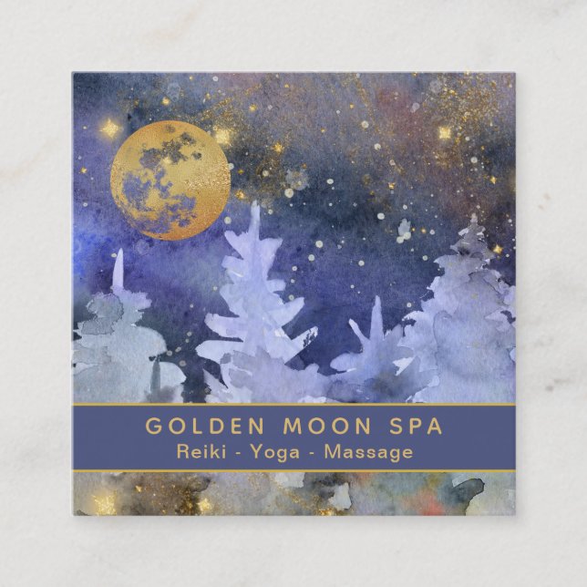 *~* Cosmos - Gold Moon Glitter Stars Pine Trees Square Business Card (Front)