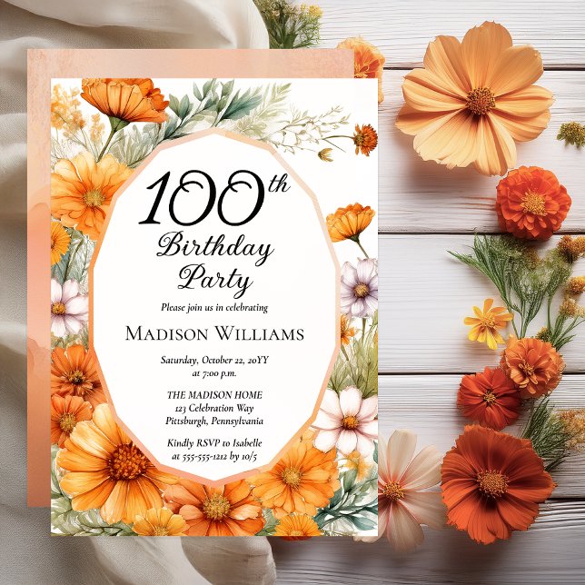 Cosmos | Marigolds Floral 100th Birthday Party Invitation (Beautiful Boho Cosmos and Marigolds Floral 100th Birthday Party Invitation Print | Digital Download)