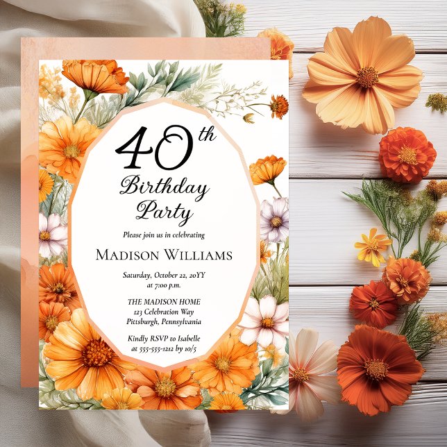 Cosmos | Marigolds Floral 40th Birthday Party Invitation (Beautiful Boho Cosmos and Marigolds Floral 40th Birthday Party Invitation - Print | Digital Download)