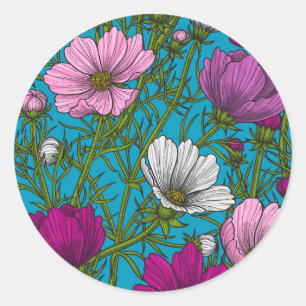 Cosmos mix on blue classic round sticker