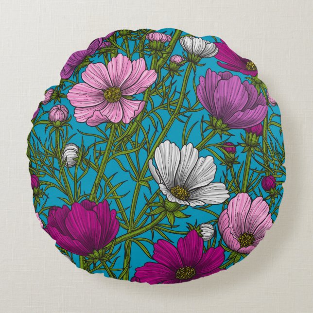 Cosmos mix on blue round cushion (Front)