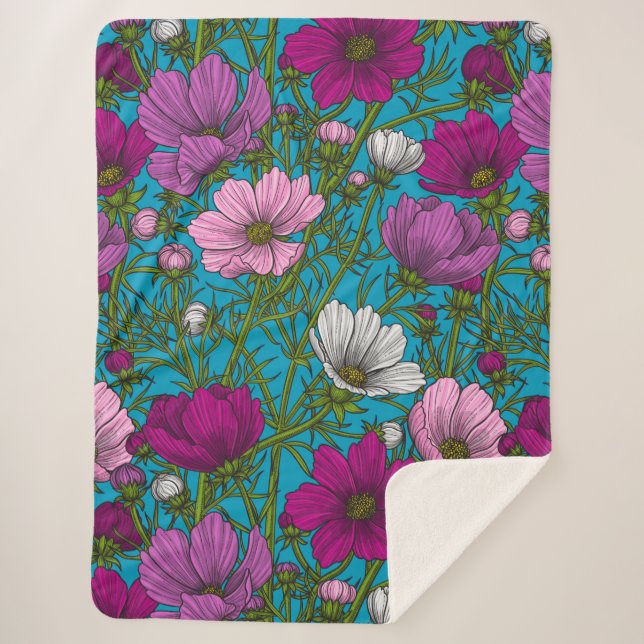 Cosmos mix on blue sherpa blanket (Front)