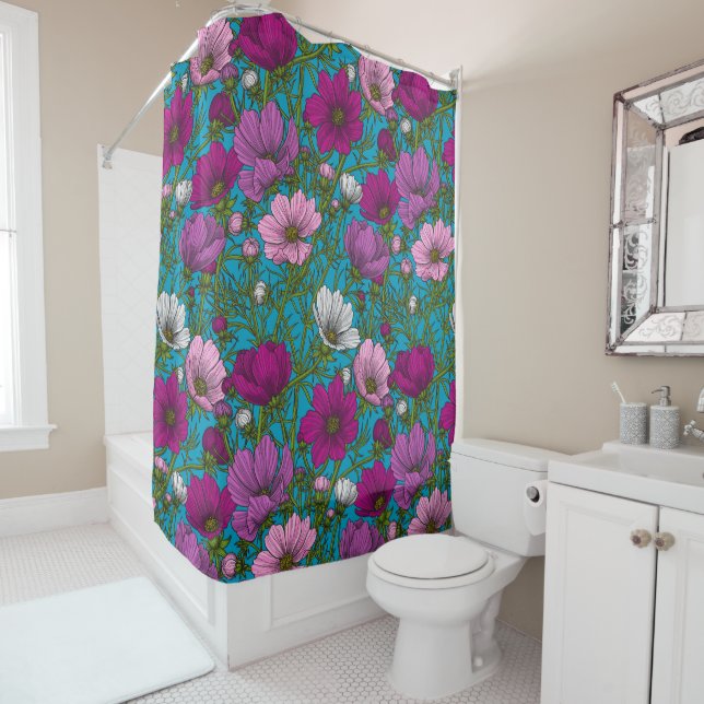 Cosmos mix on blue shower curtain (In Situ)