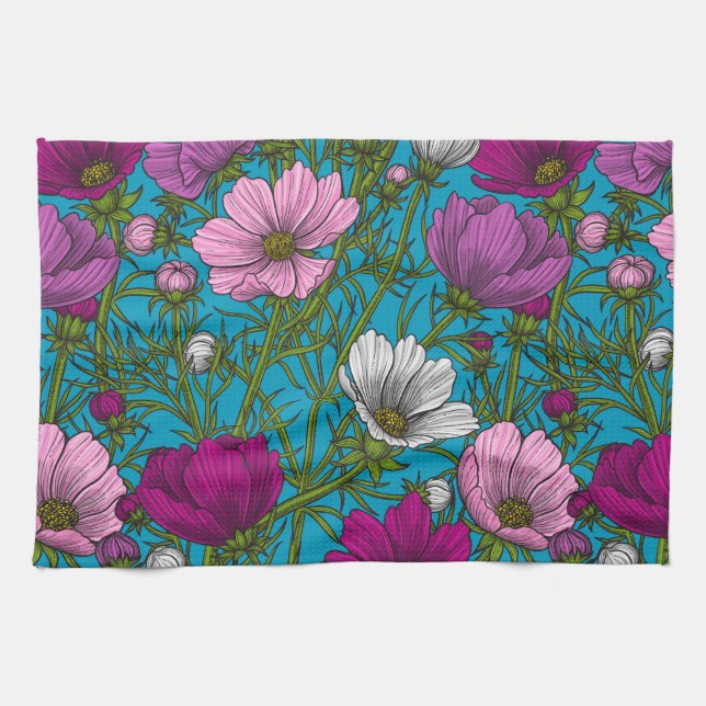 Cosmos mix on blue tea towel (Horizontal)