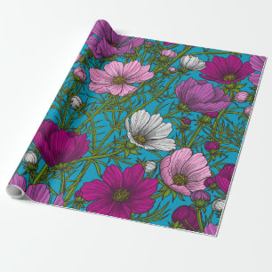 Cosmos mix on blue wrapping paper