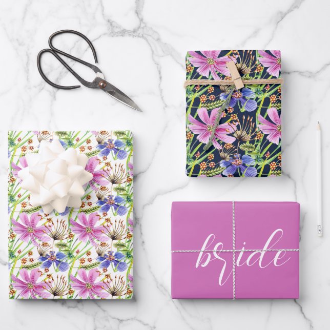 Cosmos Pink and Blue Bridal Wedding  Wrapping Paper Sheet (Front)