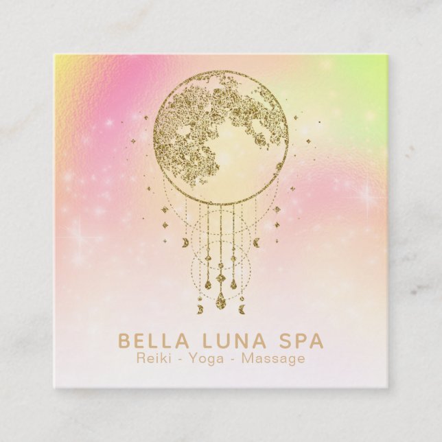 ~ Cosmos Rainbow Stars Lunar Gold Moon Square Business Card (Front)