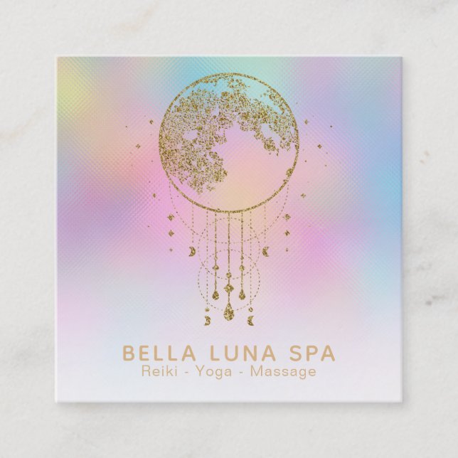 *~* Cosmos Stars Rainbow Lunar Gold Moon Pastel Square Business Card (Front)