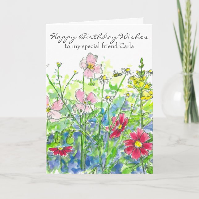 Cosmos Watercolor Flower Happy Birthday Friend Card (Front)