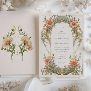 Cosmos Wildflowers Art Nouveau Wedding Invitation
