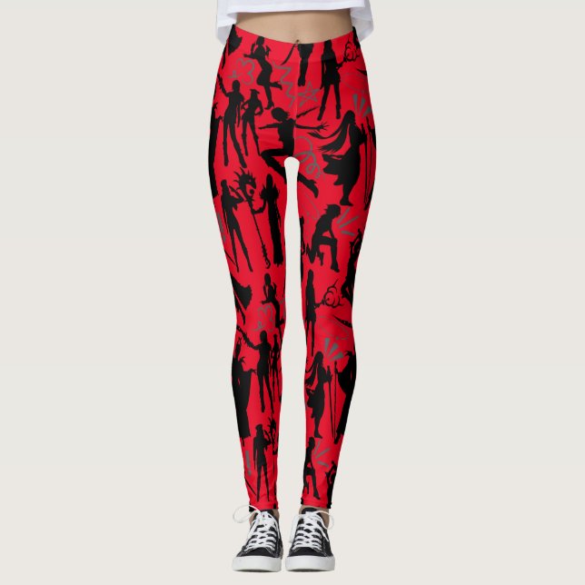 Cosplay Anime actions pattern.w Red BG Leggings (Front)