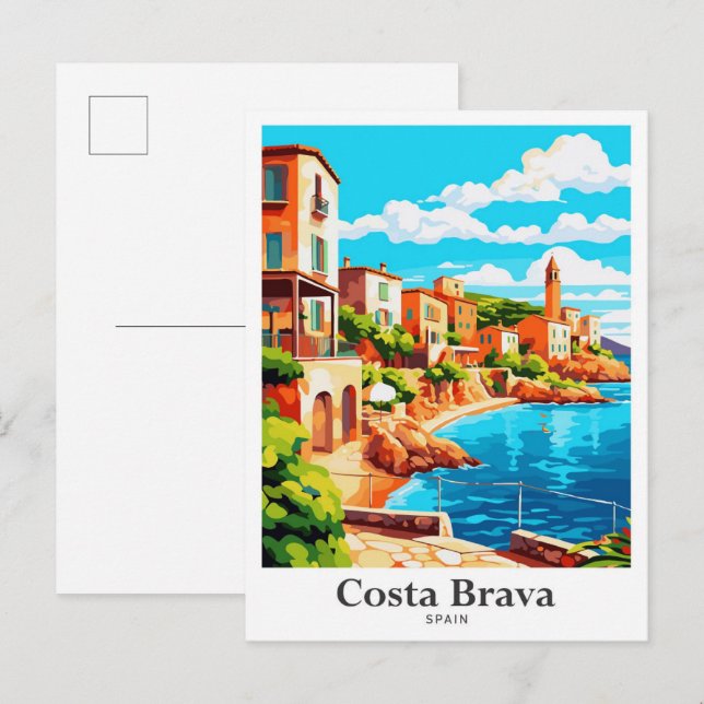 Costa Brava Spain Vintage Travel Illustration Postcard (Front/Back)