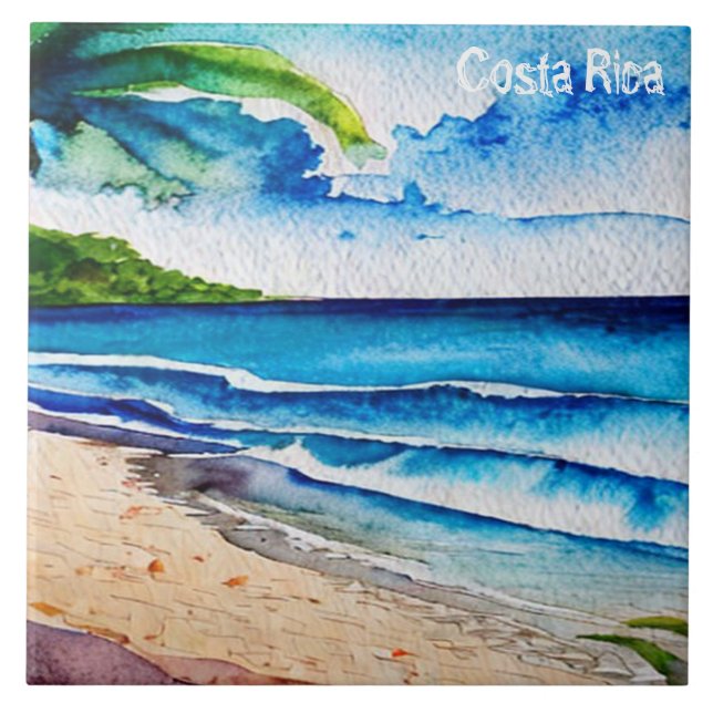 Costa Rica Beach Pura Vida Watercolor Painting Tile (Front)