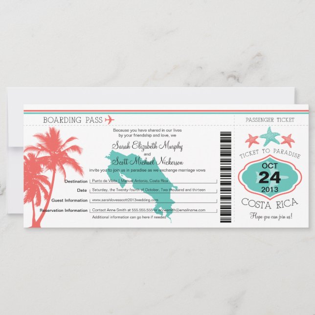 Costa Rica Boarding Pass Wedding Invitation (Front)