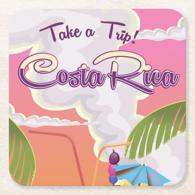 costa Rica Cartoon travel poster. Square Paper Coaster (Front)