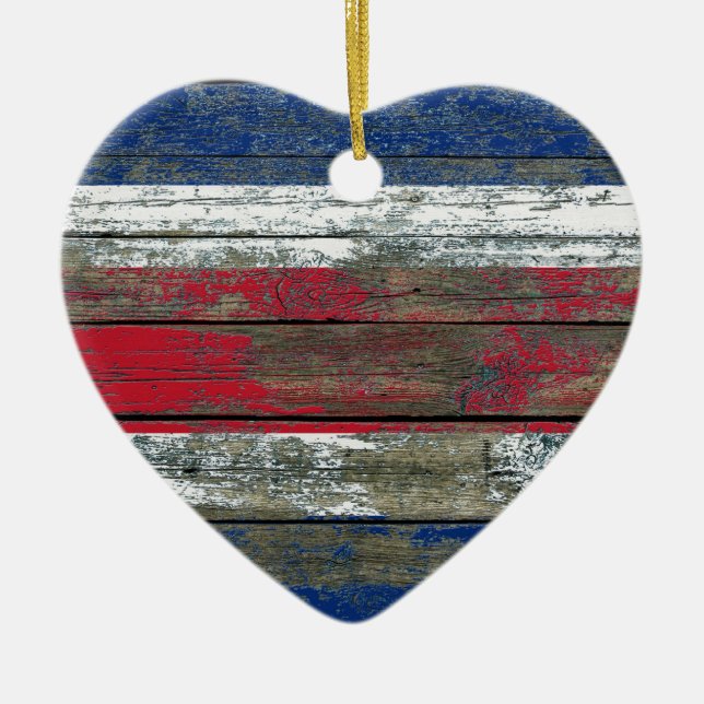 Costa Rica Flag on Rough Wood Boards Effect Ceramic Tree Decoration (Front)