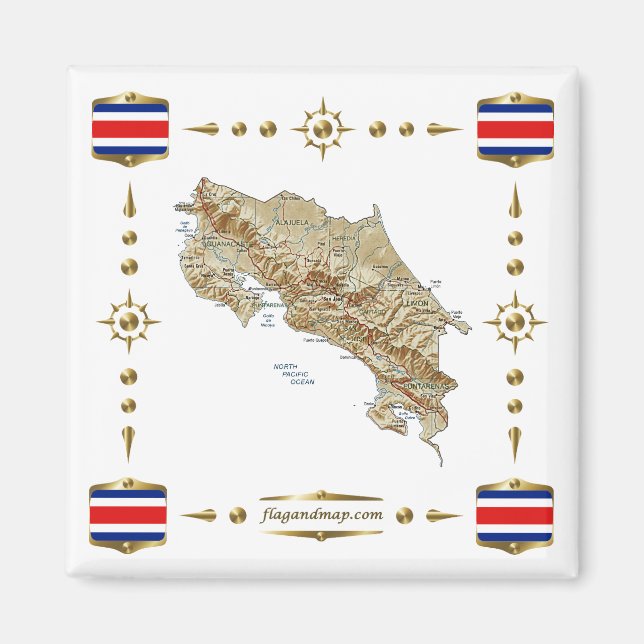 Costa Rica Map + Flags Magnet (Front)