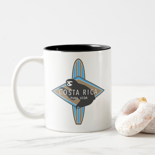 Costa Rica Surfer Surfing Sloth Blue Two-Tone Coffee Mug (With Donut)