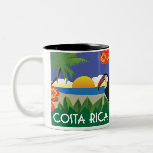 Costa Rica vintage style toucan and hibiscus Two-Tone Coffee Mug
