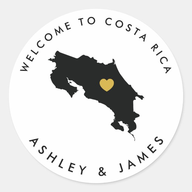 Costa Rica Wedding Welcome Sticker Tag, Gold Black (Front)