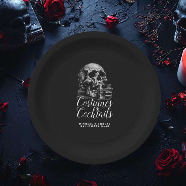 Costume and Cocktails Black Skull Halloween Paper Plate (Creator Uploaded)