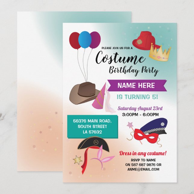 Costume Fancy Dress Birthday Party Invite (Front/Back)