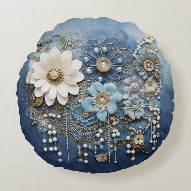 Costume jewellery on blue Denim Round Cushion (Front)