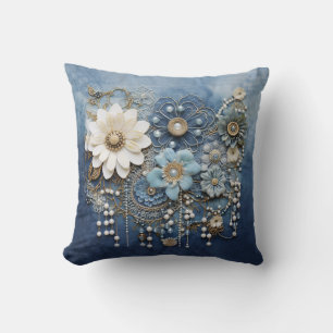 Costume jewellery on bue Denim Cushion